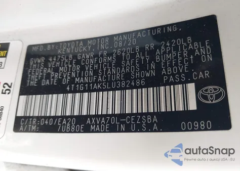 2020 Toyota Camry Se из США, поврежденный, VIN 4T1G11AK5LU382486